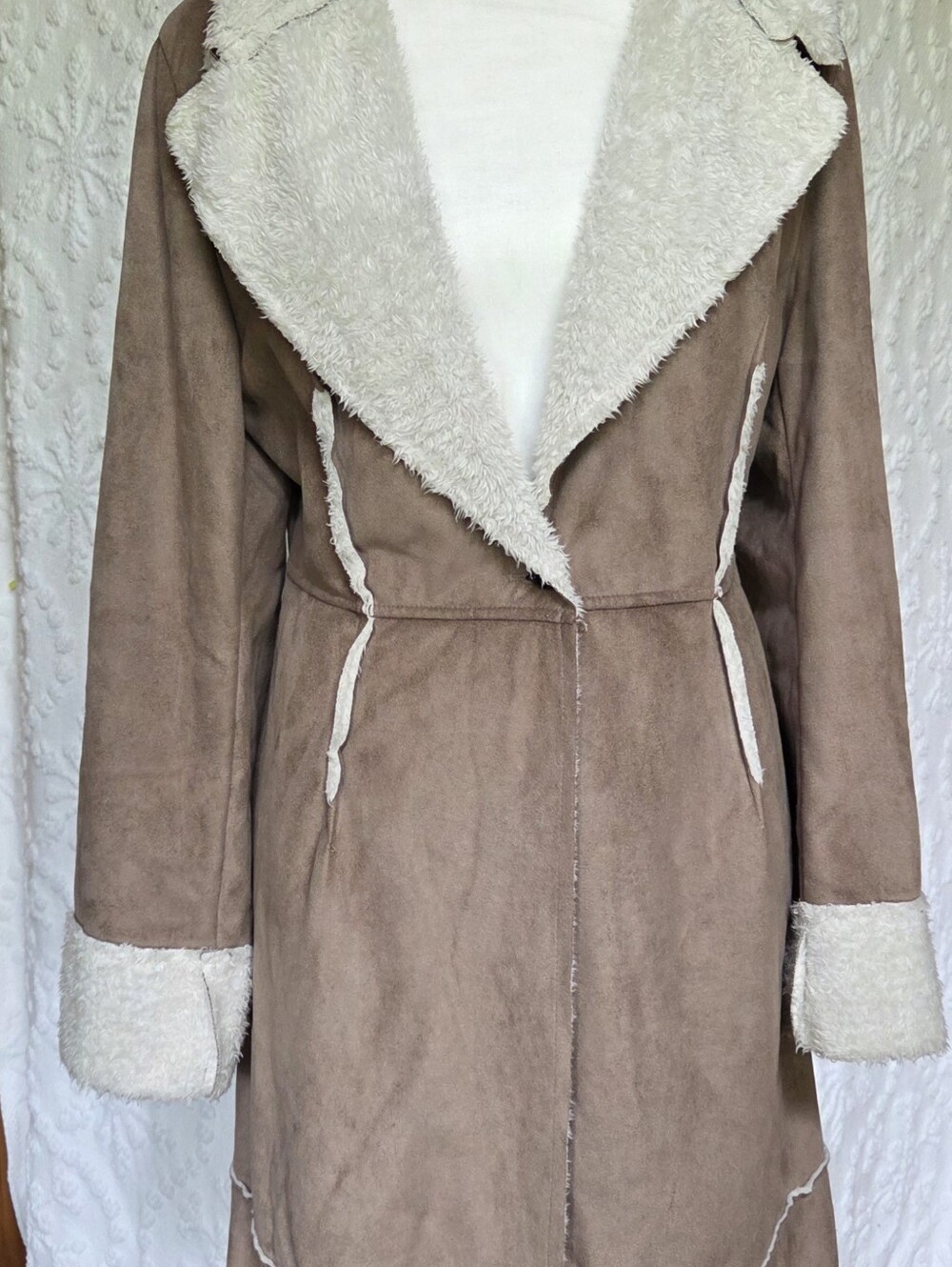 SHEIN Taupe Faux-Suede Trench Coat with Cream Shearling Trim